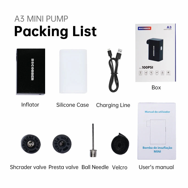 Portable mini Pump for Bike Tires - Mini Air Compressor Cycling Tire Inflator 100PSI - Mountain Bike Road Bicycle Tire Pump