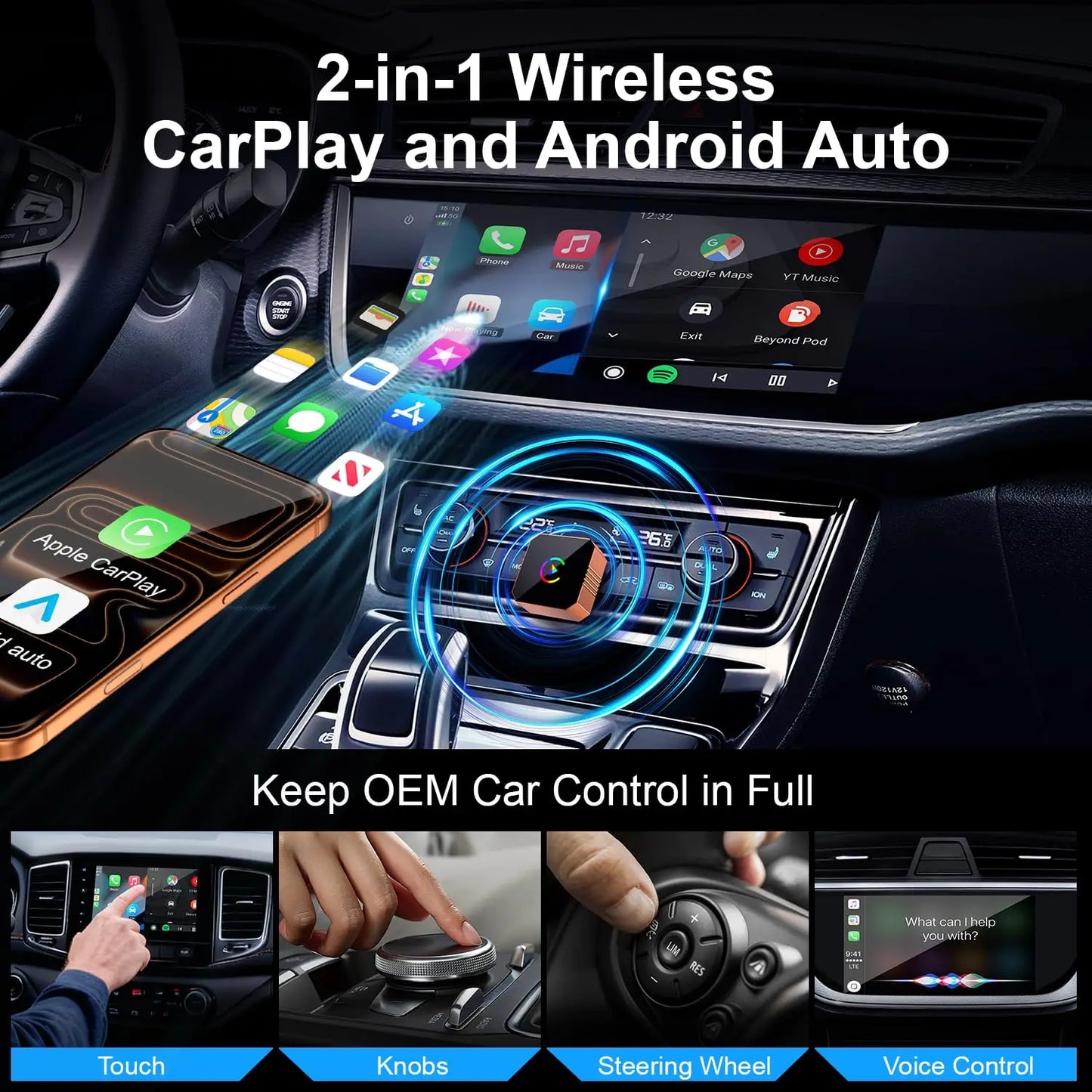 Carplay Wireless Adapter for iPhone, CarPlay with cable to wireless, Android Auto 2 in 1 Mini USB design