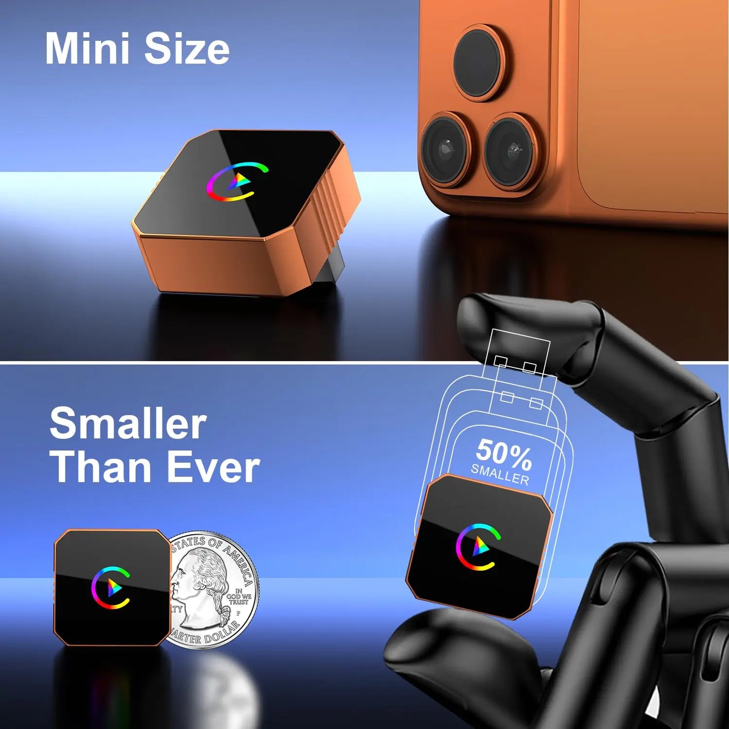 Carplay Wireless Adapter for iPhone, CarPlay with cable to wireless, Android Auto 2 in 1 Mini USB design